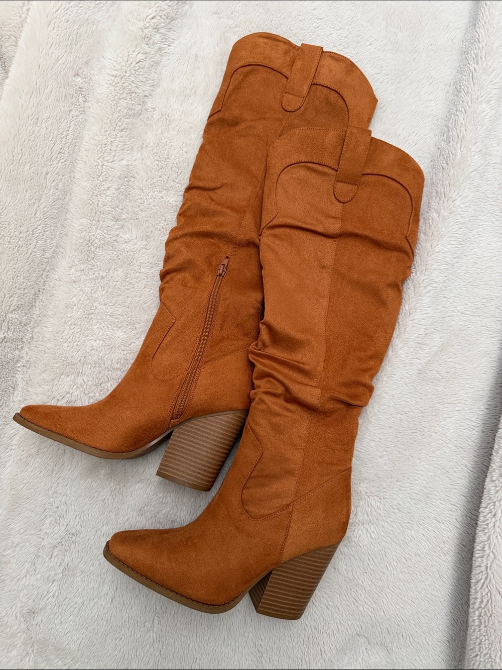 Cognac Tan Faux Suede Knee-High Block Heel Western Style Boots | NWOT | 7.5